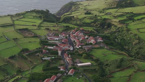 aerial telephoto shot of mosteiro village in flores island azores