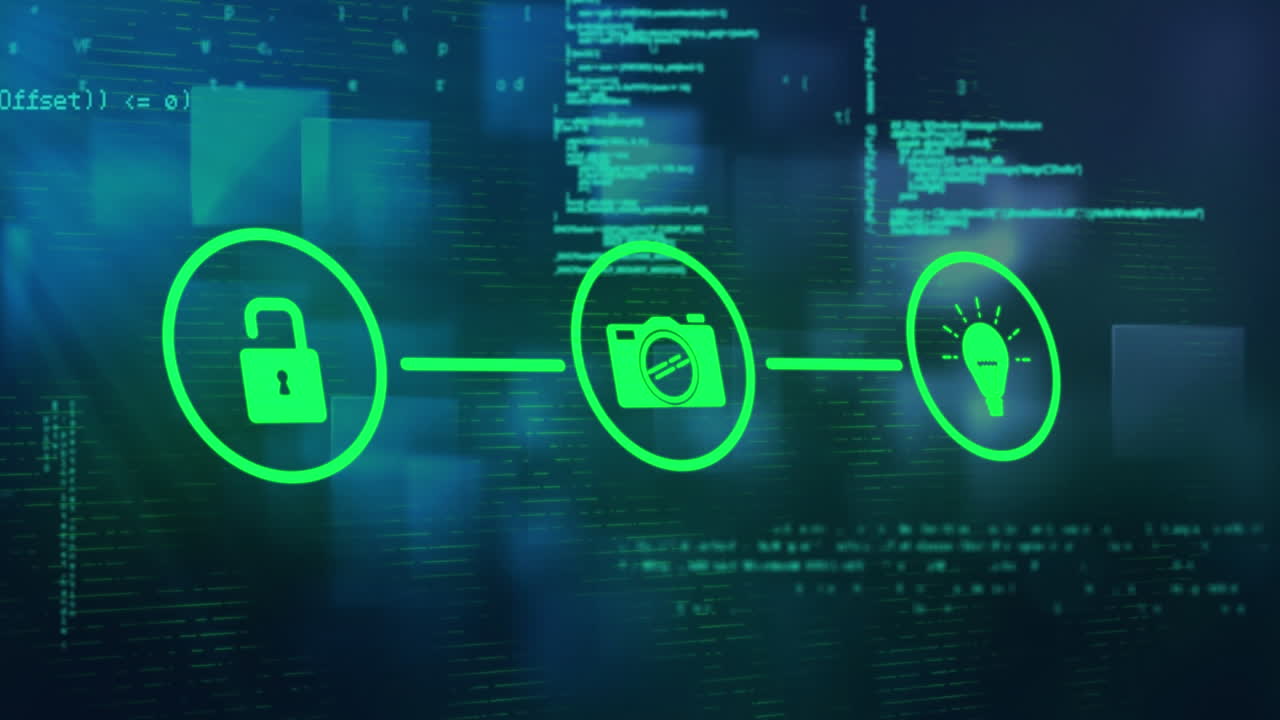 Animation of icons and financial data processing over blue background