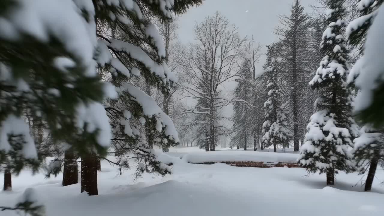 Afastando, câmera movendo-se para frente através de bosques nevados, revelando aglomerado de coníferas e montes.