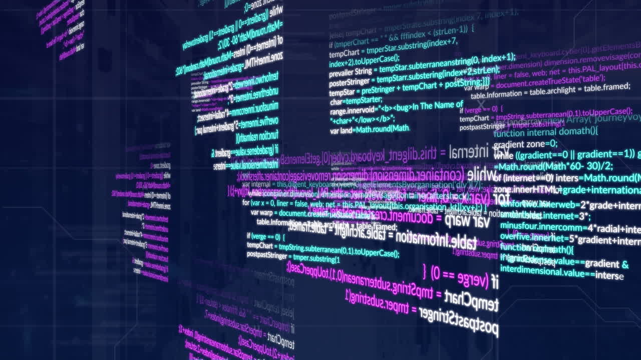 Animation of multicolored computer language over data server room