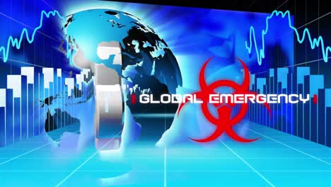 Animation-of-words-global-emergency-on-red-hazard-sign-with-American-dollar-sign-over-globe-spinning