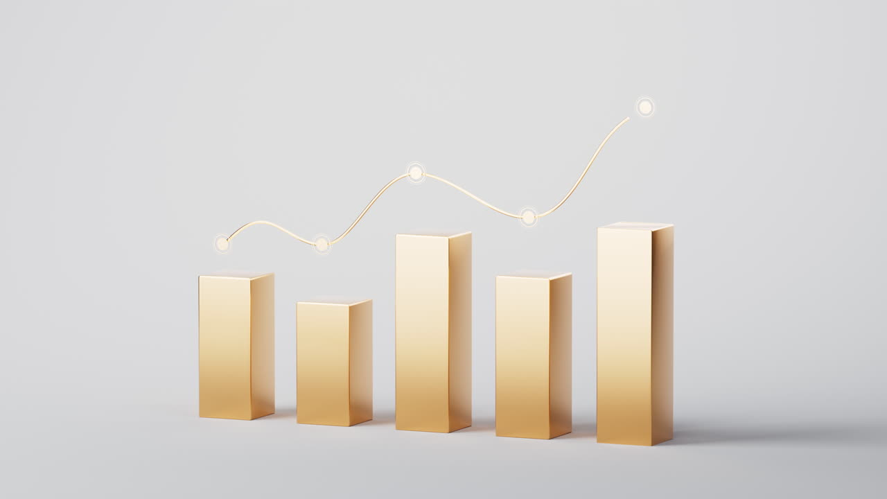 Golden bar graph with growth trend, 3d rendering.