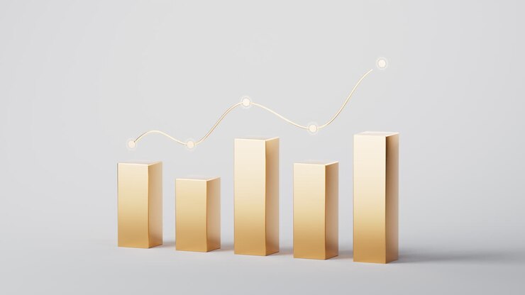 Golden bar graph with growth trend, 3d rendering.