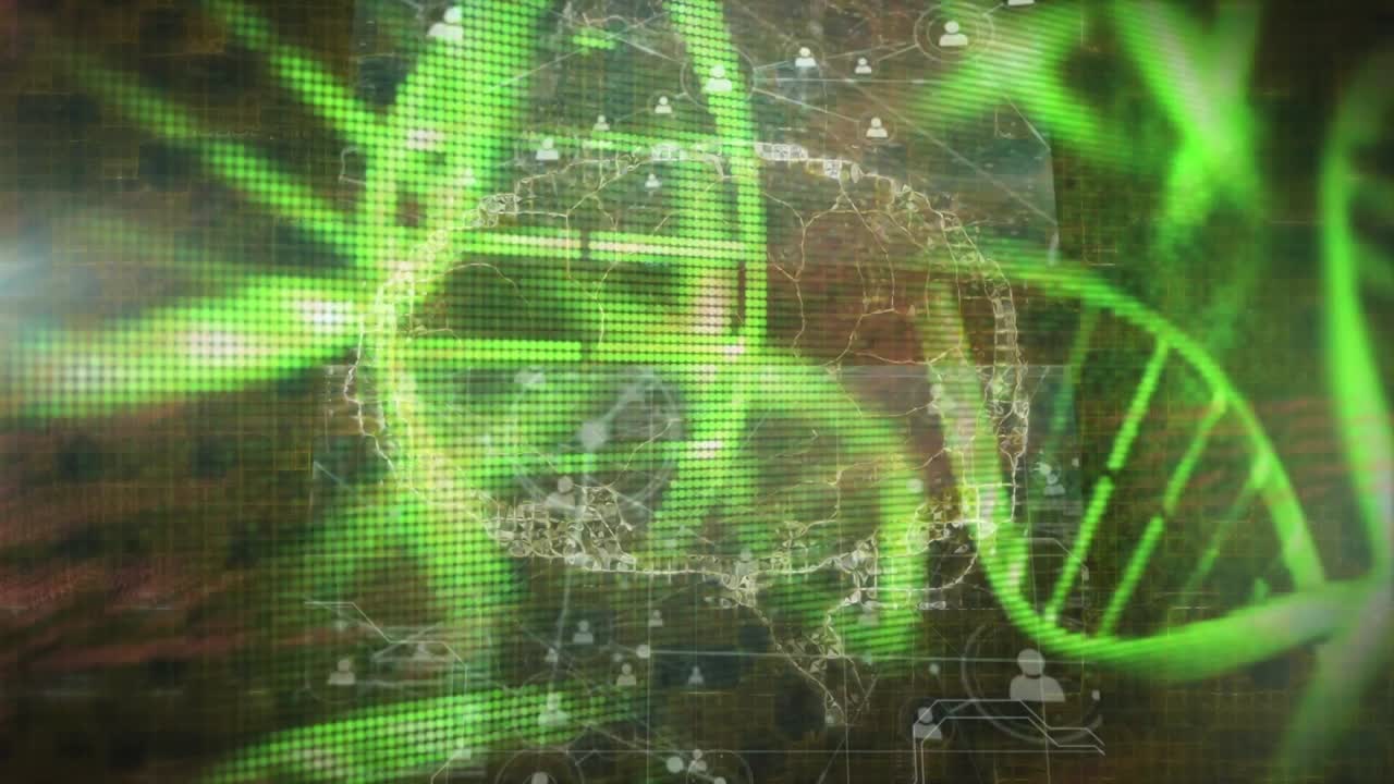 Animación de icono de cerebro humano y estructuras de ADN girando sobre pantallas de procesamiento de datos