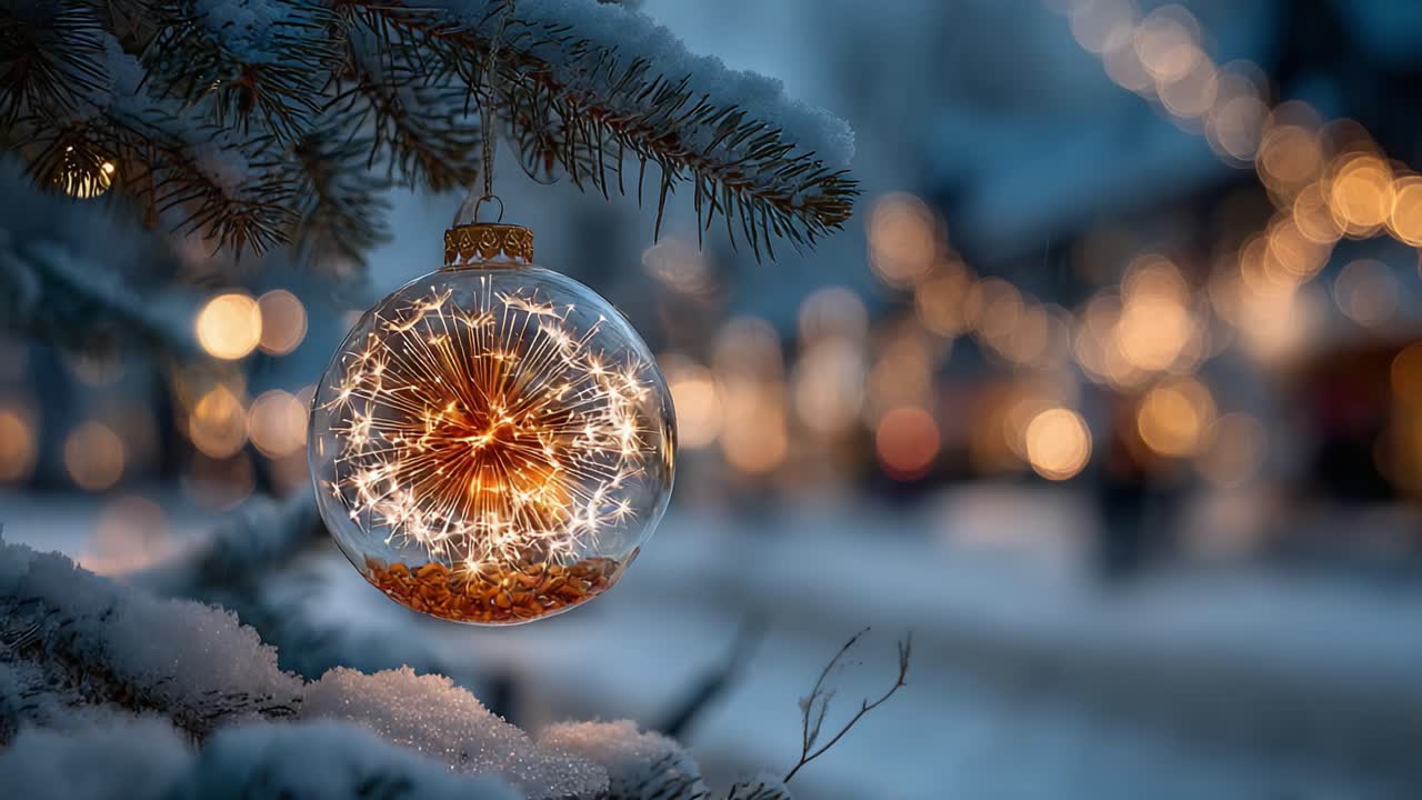 A Captivating Glass Ornament Reflecting Holiday Magic and Winter Charm Amidst a Snowy Landscape with Sparkling Lights in the Background