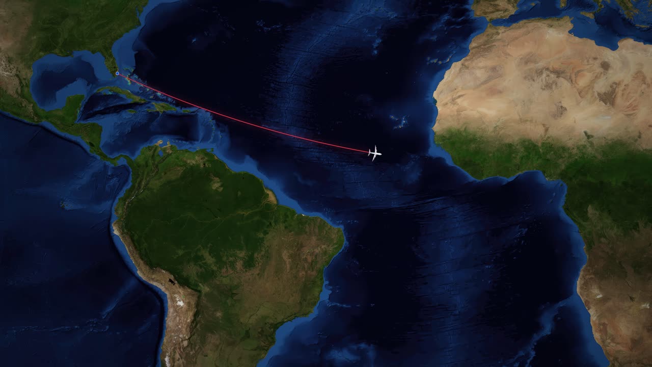 Satellite world map animation tracks a commercial flight route from Miami to Lagos, Nigeria