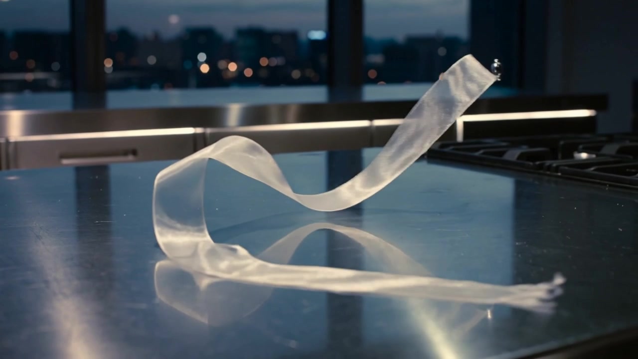 Un nastro si solleva per una corrente d'aria e si srotola su un bancone d'acciaio in cucina, con una clip che riflette la luce.
