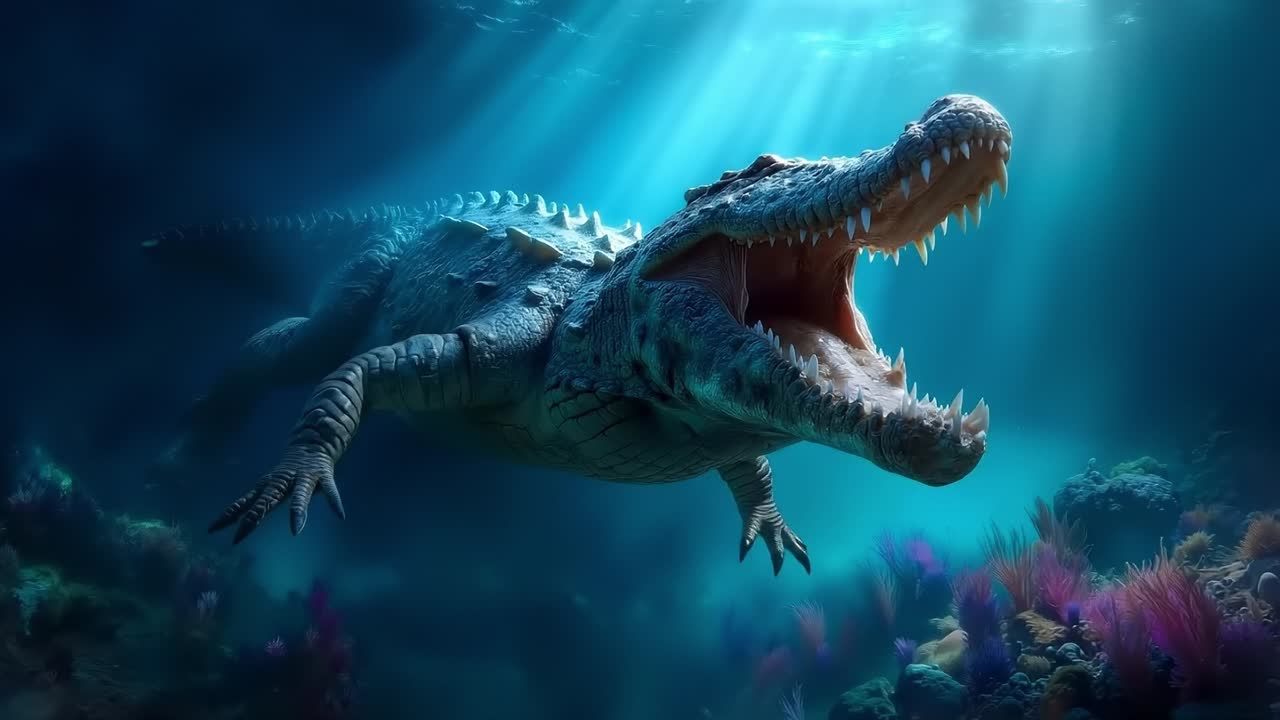 A large alligator with its mouth open in the ocean