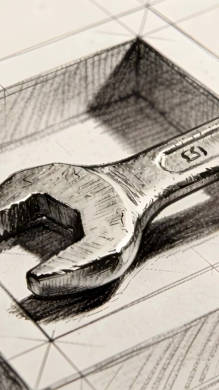 Vertical video: Shifting camera revealing wrench sketch on page, showing stamped 15 to reveal grid