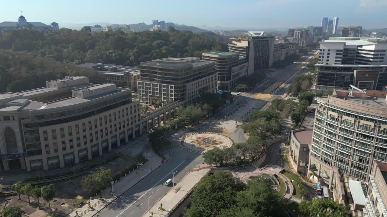 Persiaran Perdana Road In Putrajaya Kuala Lumpur No Traffic Morning Sun Drone Track In 4K 60FPS