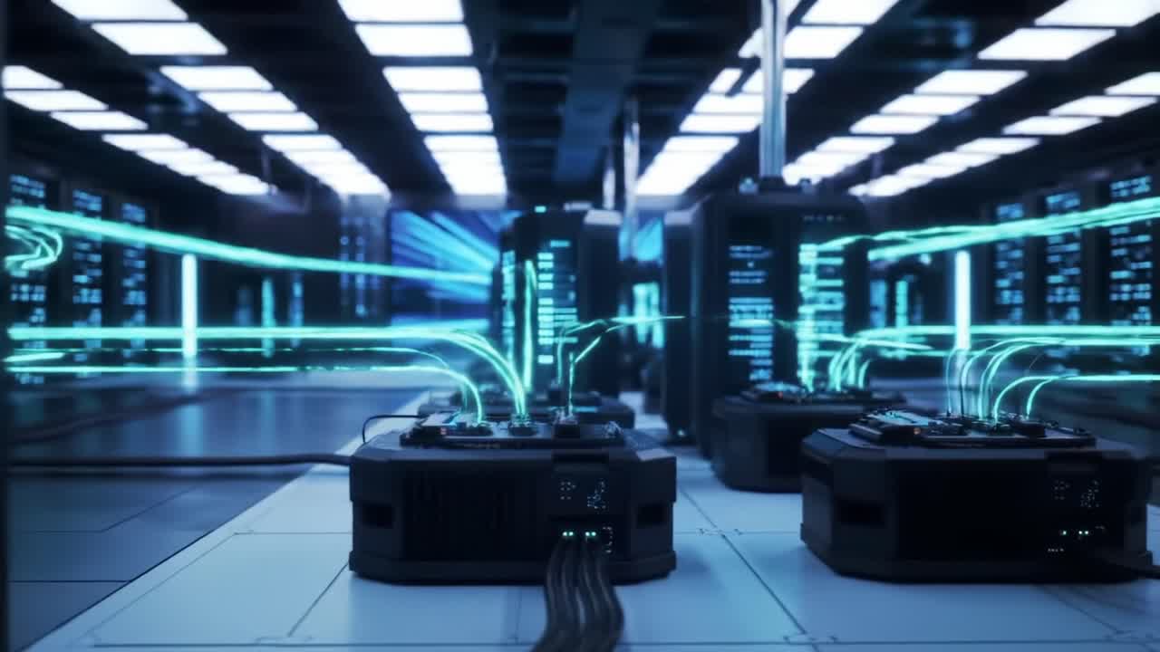 Futuristic Data Center with Advanced Technology Featuring Dynamic Light Streams and High-Tech Equipment in a Neon-Illuminated Environment