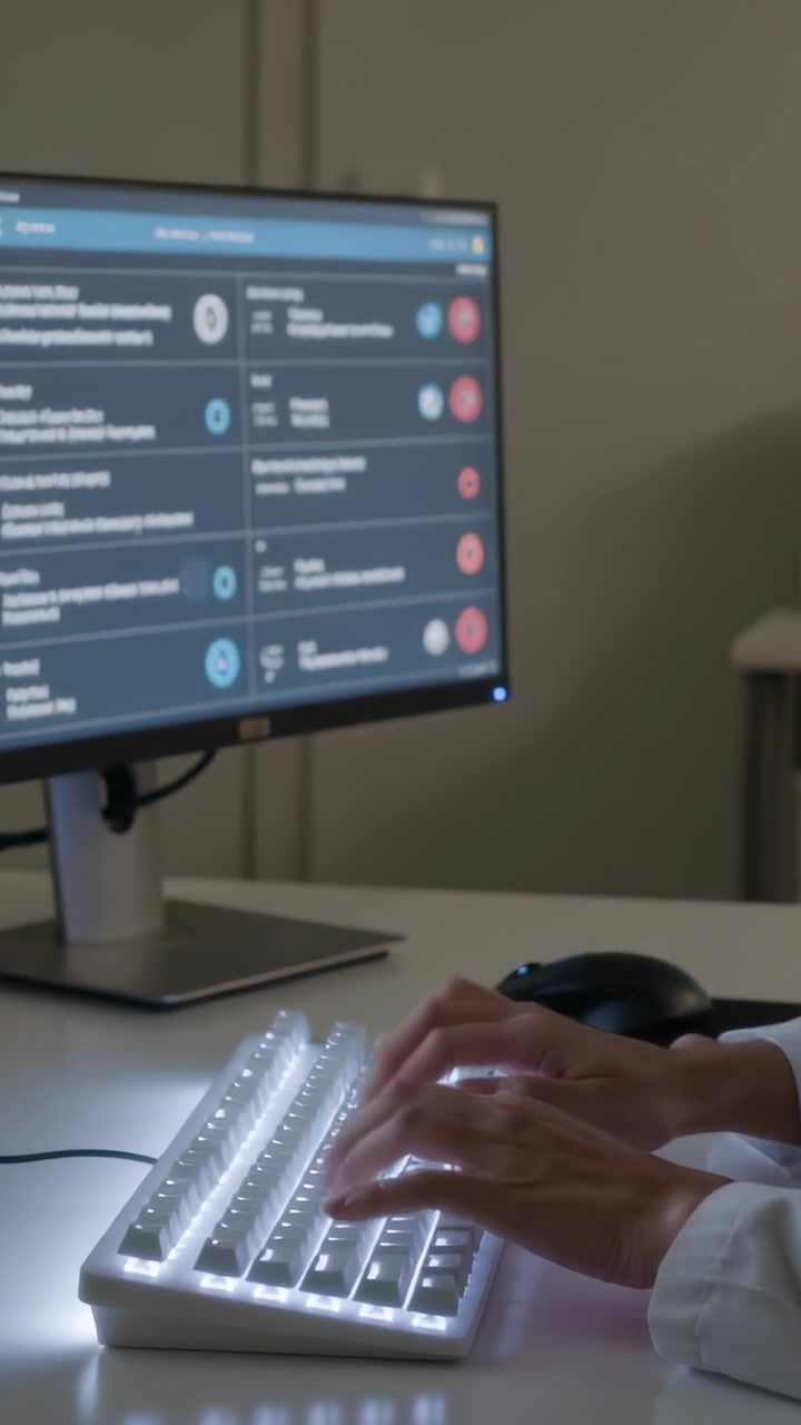 Vertical video: Typing after monitor framing, lab coat hands clicking mouse selecting panel at desk
