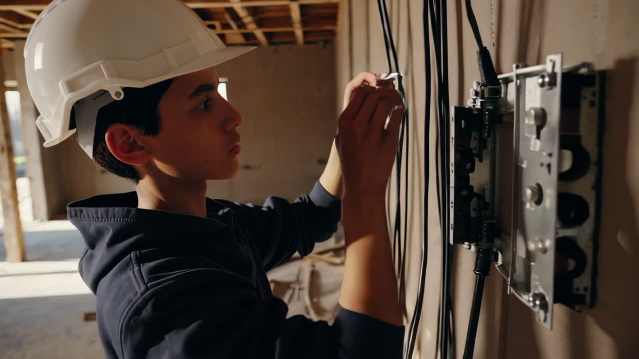 Electrician working on wiring in a new house under construction