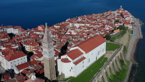 aerial jib up shot of piran, a beautiful coastal town on the adriatic sea in slovenia