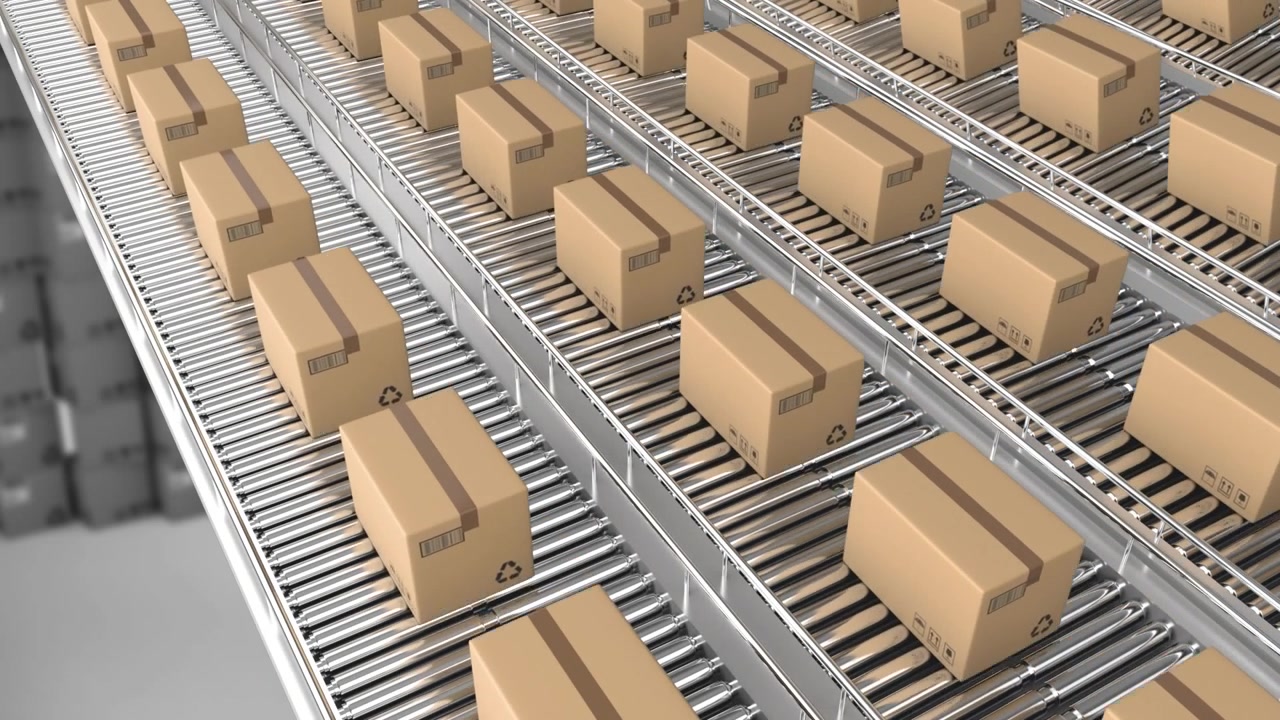 Animation of boxes on conveyor belt in warehouse