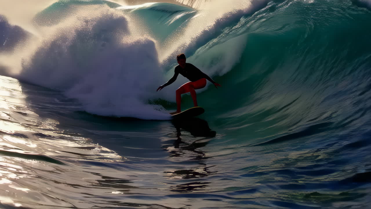 un surfista montando una ola al atardecer