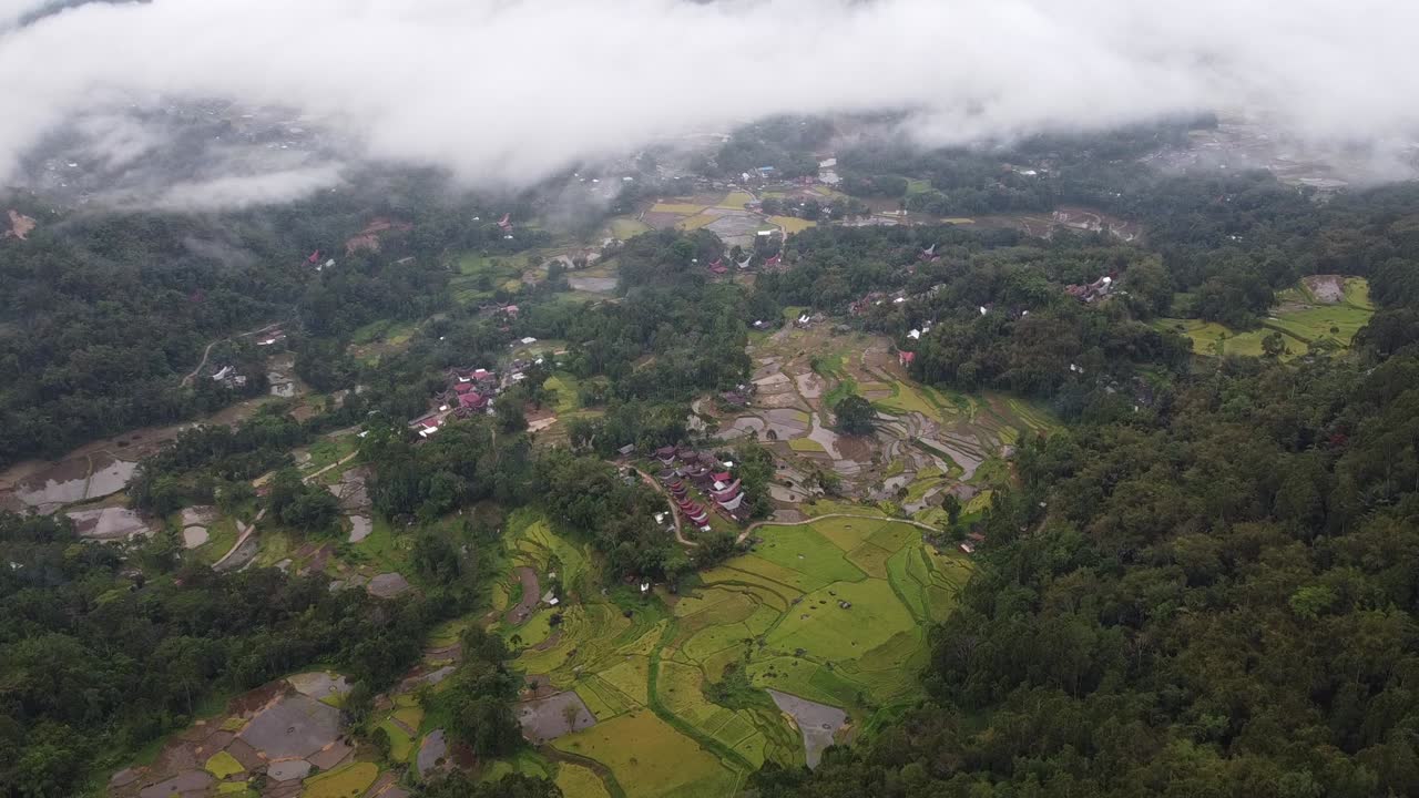 Aerial view of rice paddies and villages nestled in lush green forests under a cloudy sky