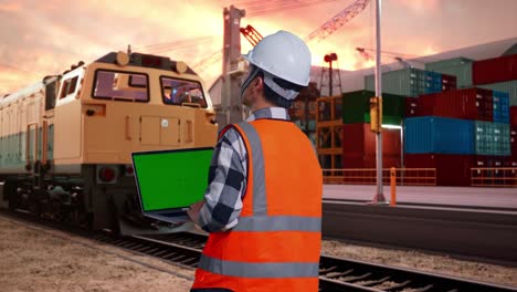 Back View Of Asian Male Engineer With Safety Helmet Working On A Green Screen Laptop And Looking Around While Standing With Freight Cargo Train At Port