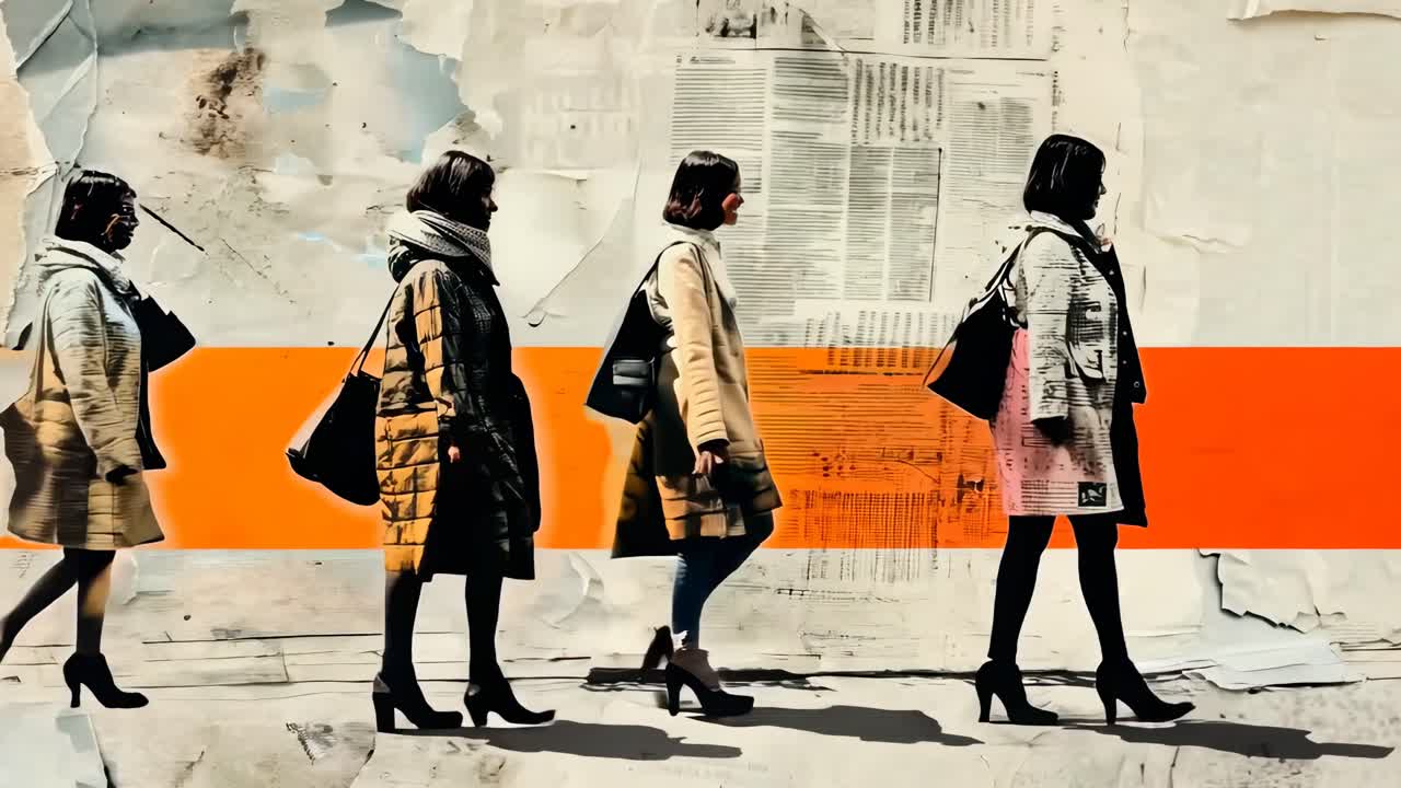 Artistic video collage of a woman walking, side view. Layers of newspaper textures and an orange