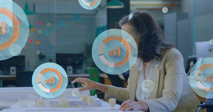 Animation of multiple digital icons against man working on his plan at office