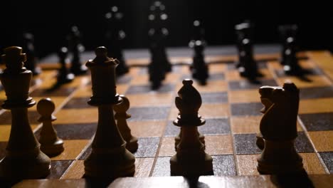 cinematic shot of a chessboard with pieces on it, the camera moves from right to left and then back from left to right