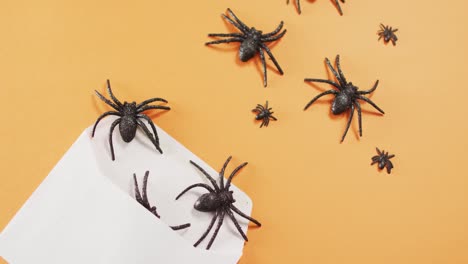 Multiple-spider-toys-coming-out-of-a-envelope-against-orange-background