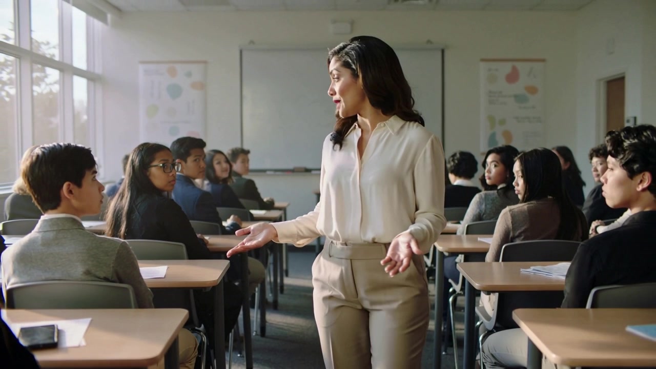 All'inizio della lezione, l'insegnante in top bianco cammina nel corridoio dell'aula, indicando i quaderni sui banchi.