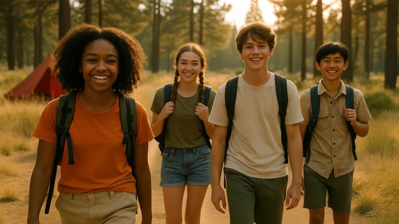 Blije tieners met rugzakken die lopen op een boscamping