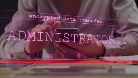 animación del procesamiento de datos sobre un empresario caucásico que usa un teléfono inteligente