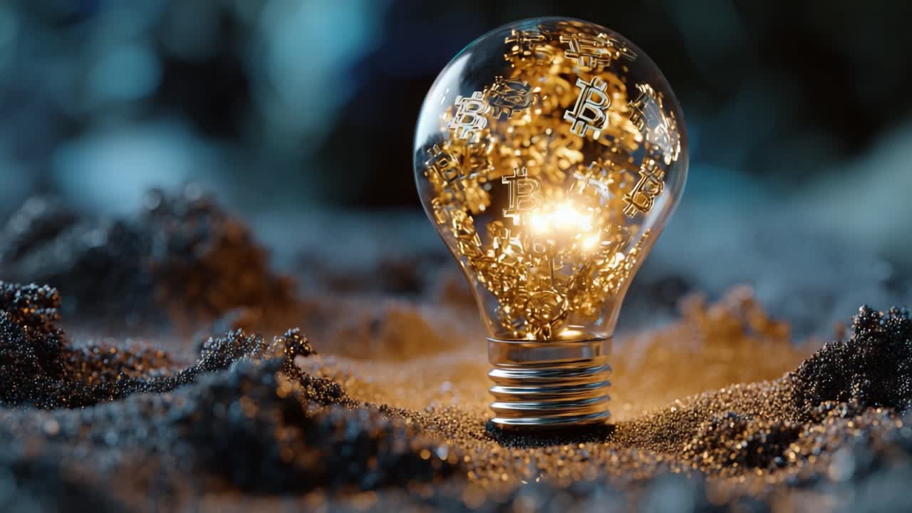 Lampadina illuminata contenente simboli di Bitcoin e dettagli dorati scintillanti, circondata da uno sfondo luccicante, che rappresenta l'innovazione finanziaria e la tecnologia