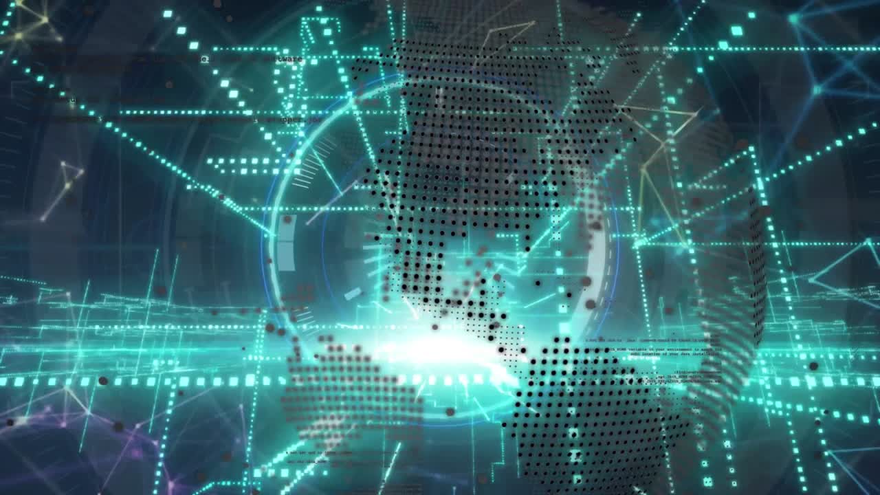 파란색 배경에 연결 네트워크와 함께 금융 데이터 처리의 애니메이션