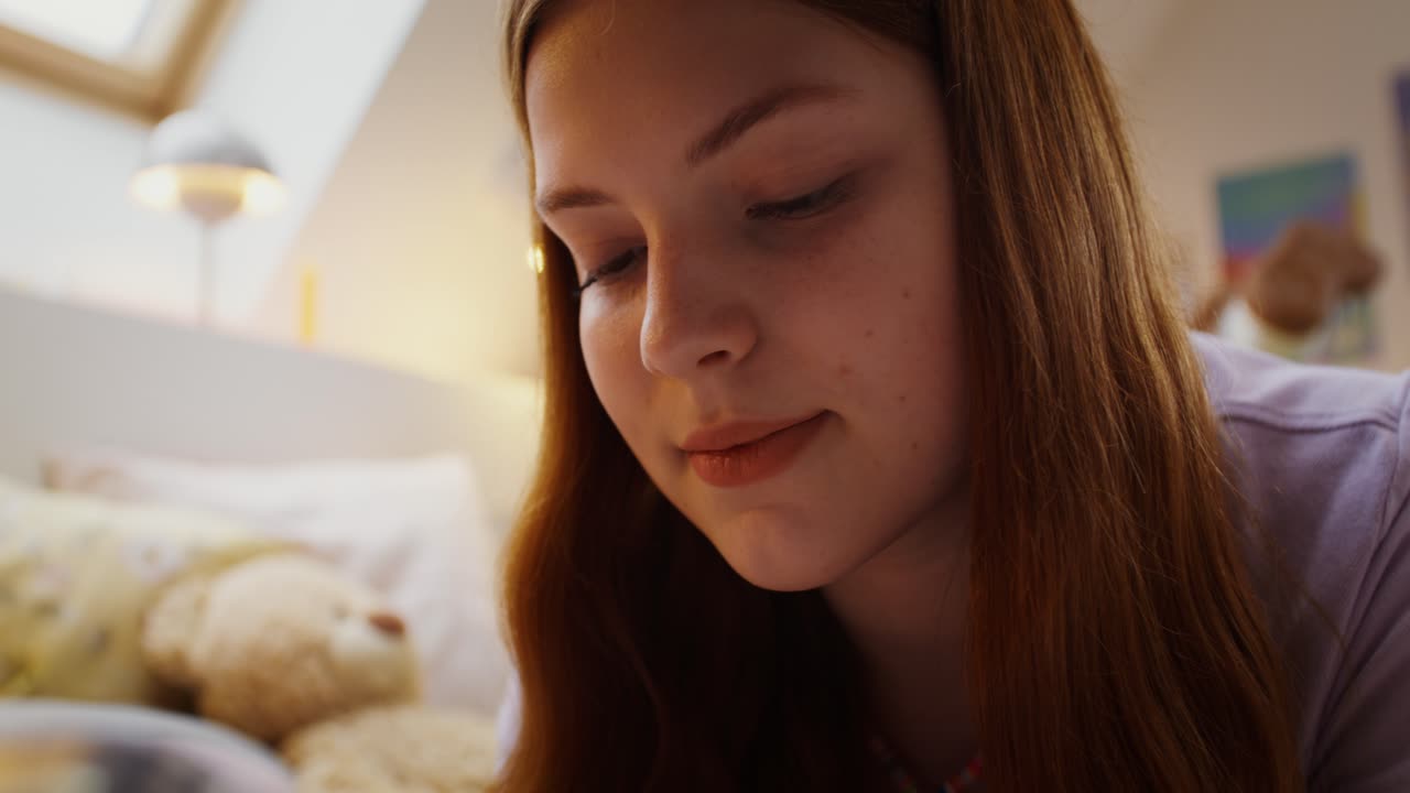 Teenage girl using smartphone in her bedroom