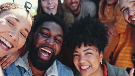 selfie, smile and face of friends on road trip