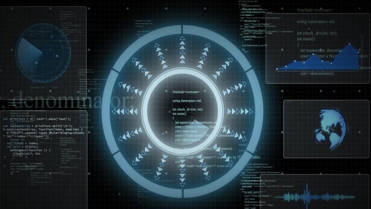 Animation of data processing with scope scanning on black background