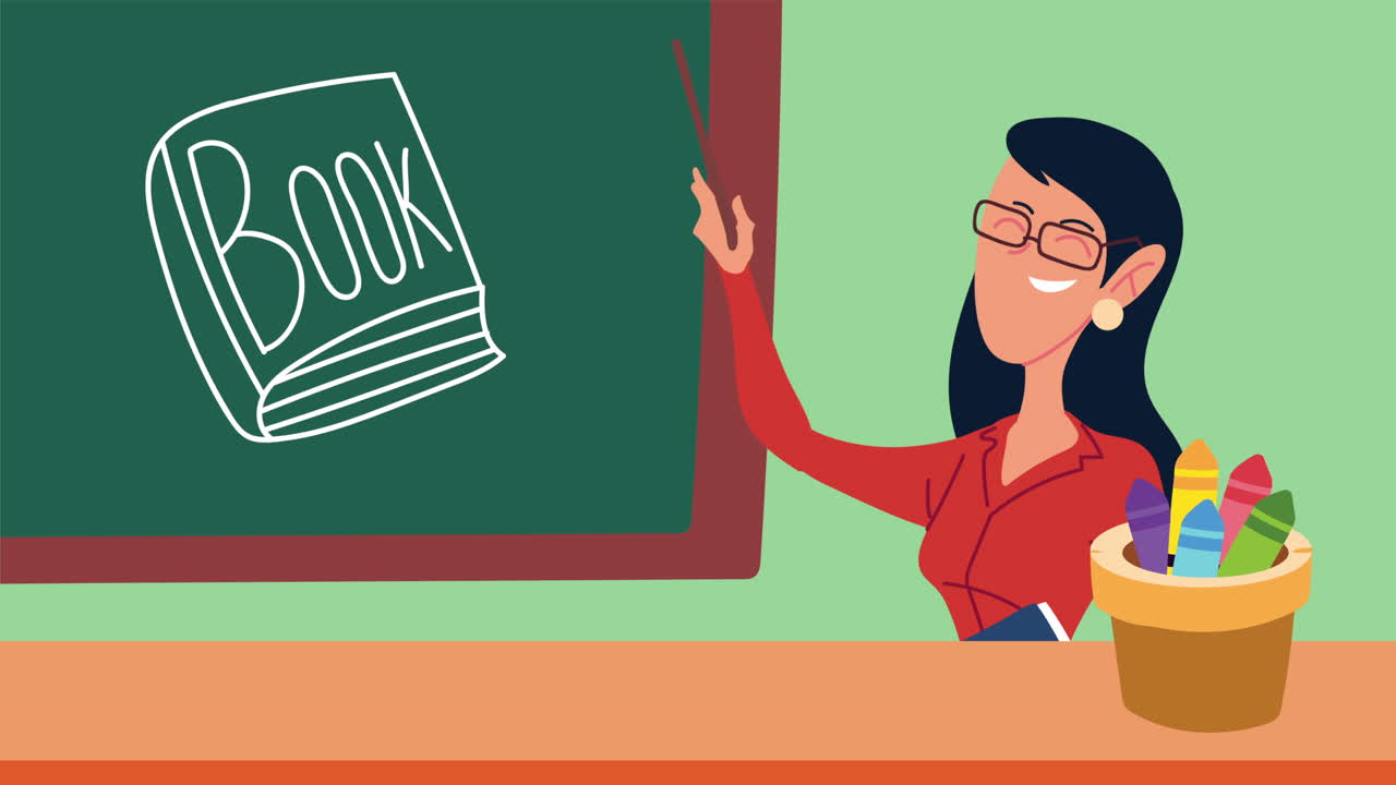 Teacher pointing to a book on a chalkboard