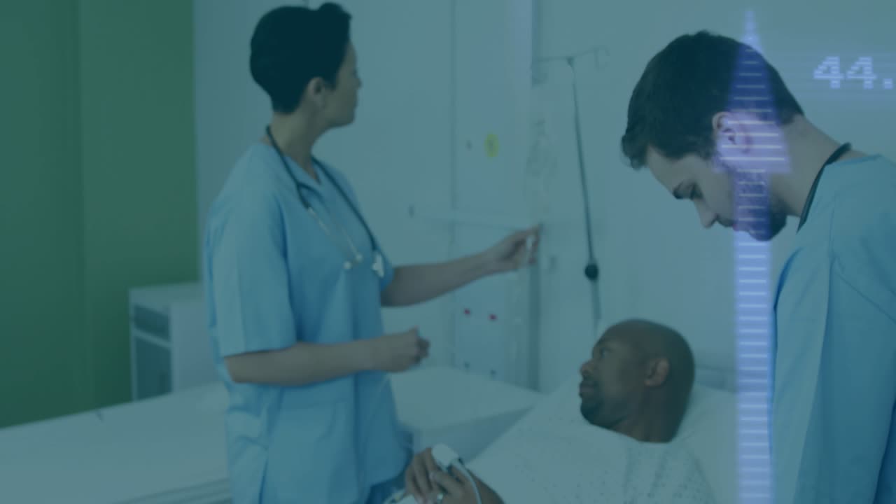 Camera zooming into nurse filling insurance form and nurse adjusting IV line ensuring patient care