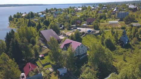 aerial view of a riverbank village