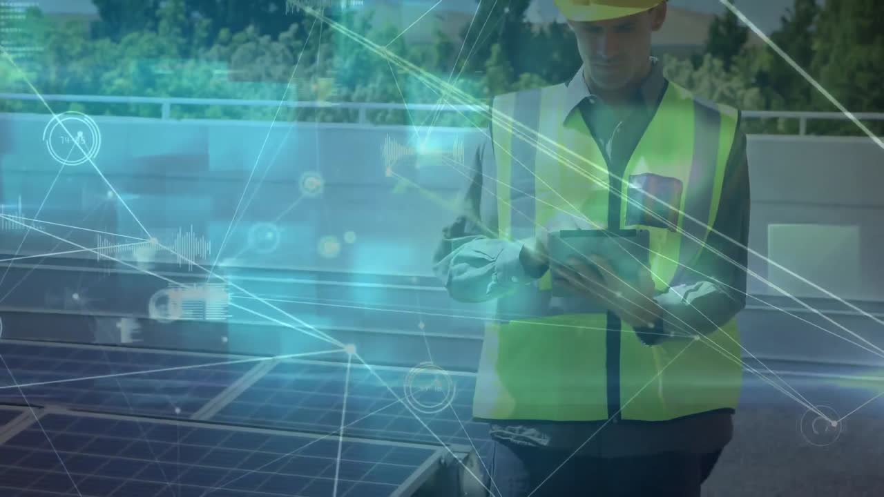 animación de la red de conexiones a través de paneles solares e ingeniero caucásico