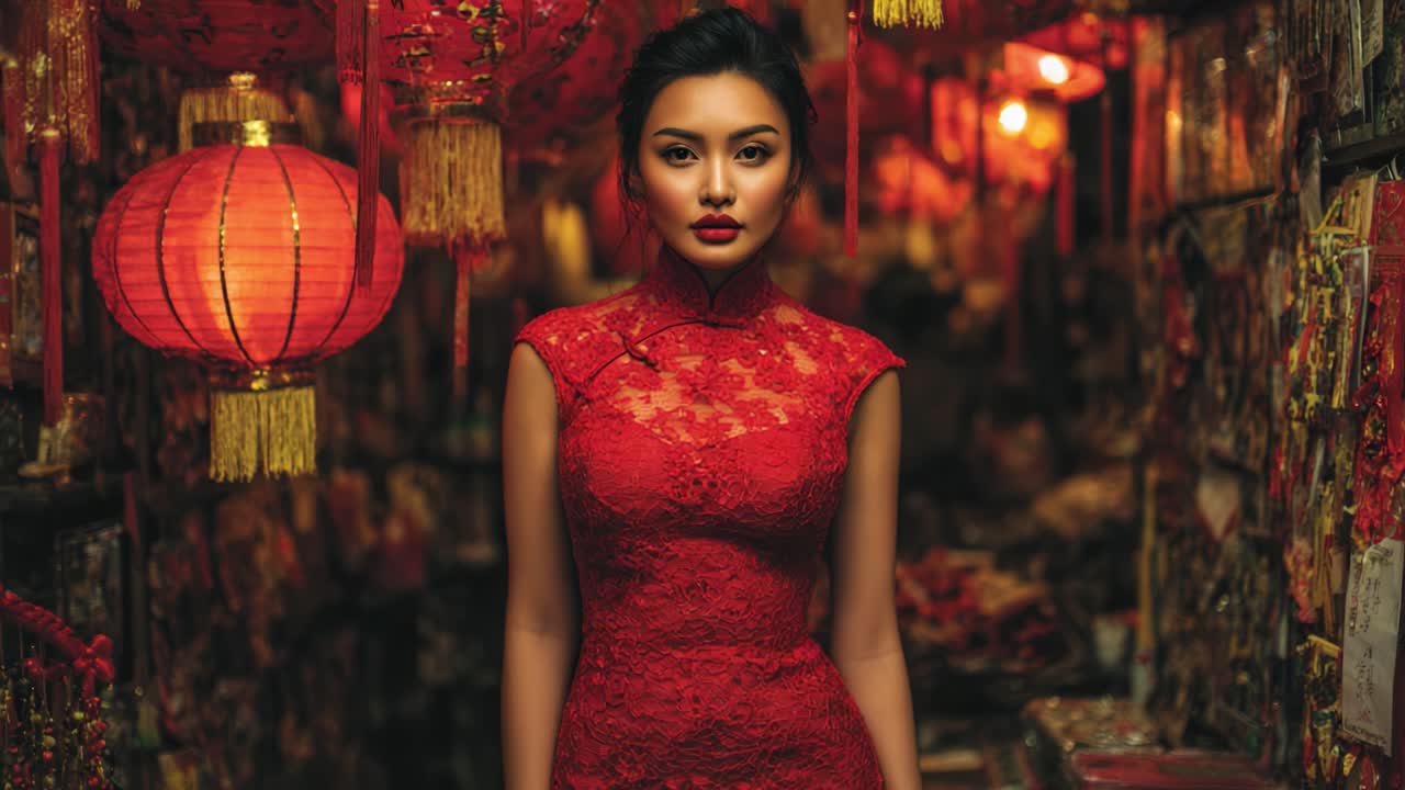 Una donna affascinante in uno splendido abito rosso, circondata da lanterne vivaci, che incarna l'eleganza culturale in un'ambientazione di mercato incantevole