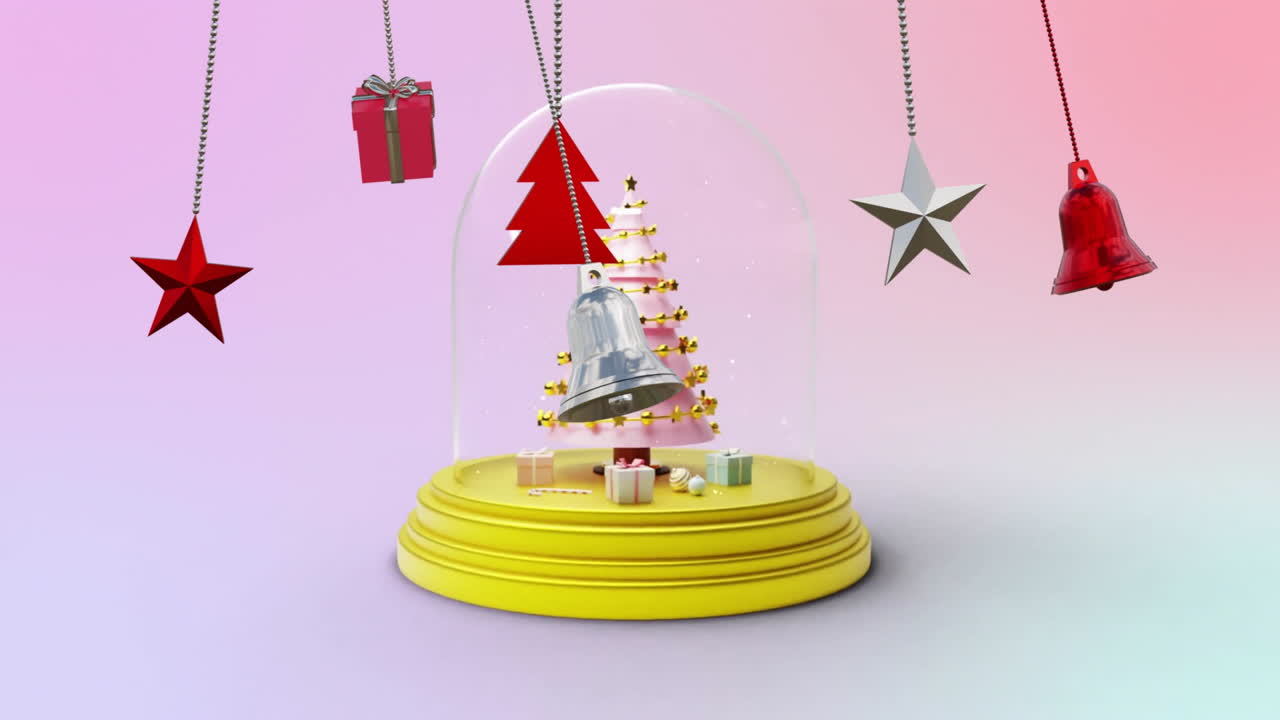 Animation of christmas decorations over christmas tree in snow globe