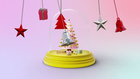 Animation of christmas decorations over christmas tree in snow globe