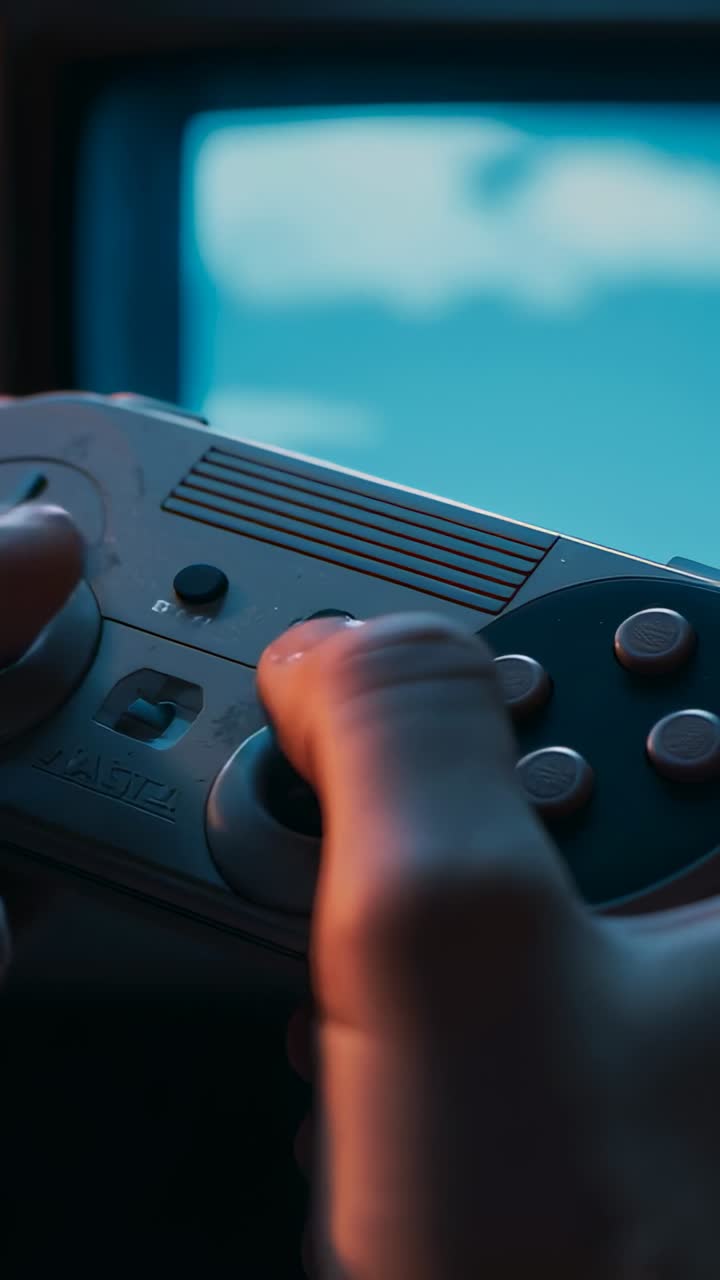 Vertical video: Tilting joystick player hands steering flight in living-room, with retro controller