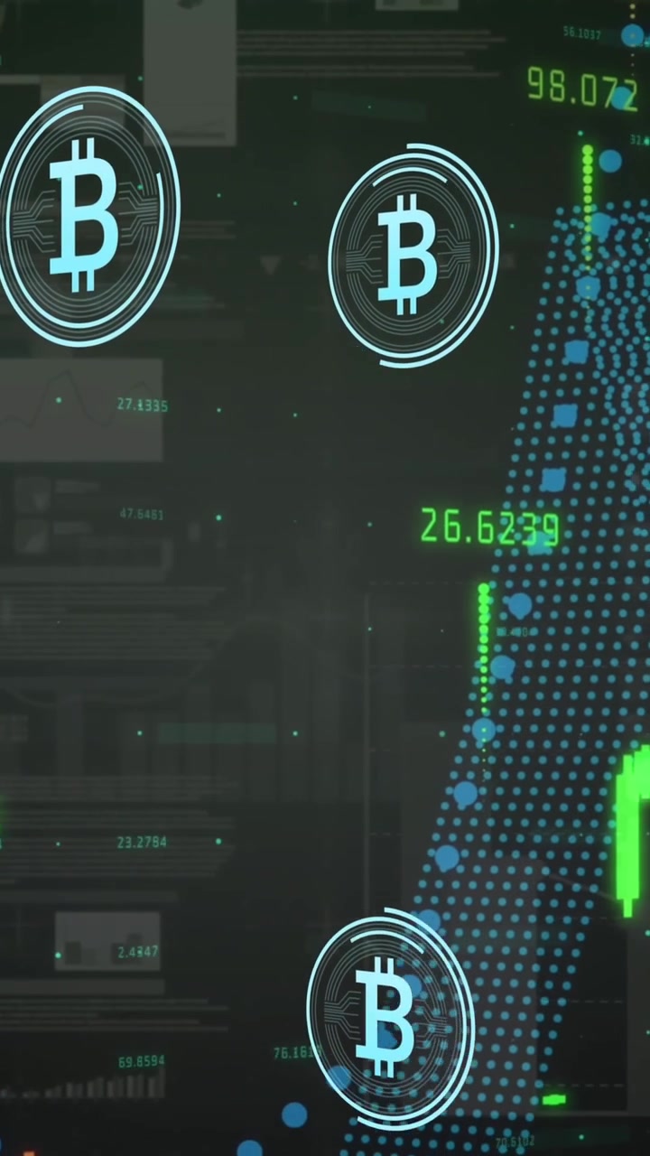 Animação de símbolos de bitcoin sobre processamento de dados financeiros e estatísticos em fundo cinza