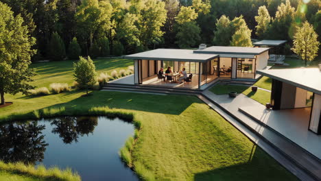 friends dining in a modern glass house overlooking a lush landscape and pond