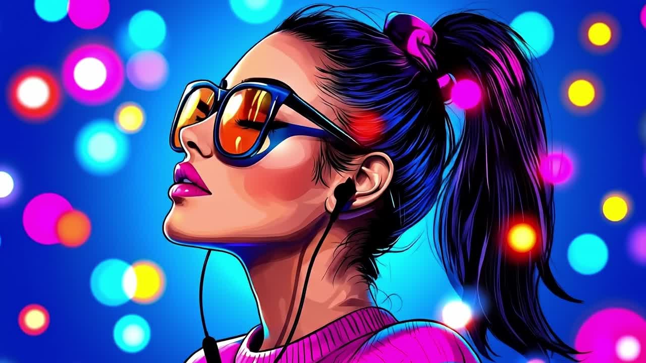 A woman wearing sunglasses and earphones in front of a colorful background