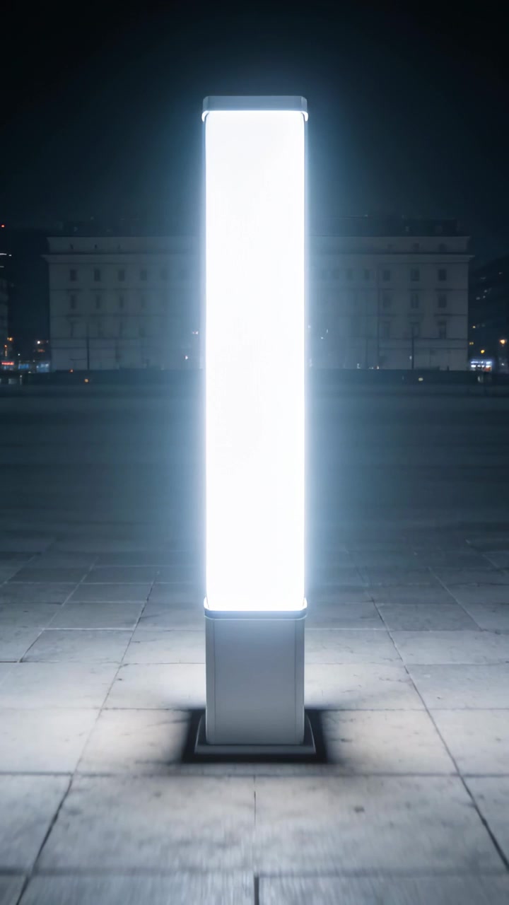 Vertical video: Fluctuating glow, pillar on base flickering and showing halo streaks in night plaza