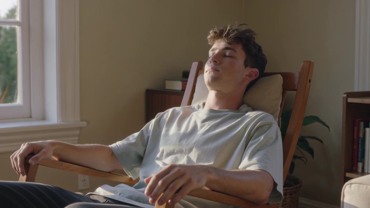 Homem cochilando de camiseta clara e calças, reclinado em uma cadeira almofadada em casa, aproveitando o sol da janela esquerda.