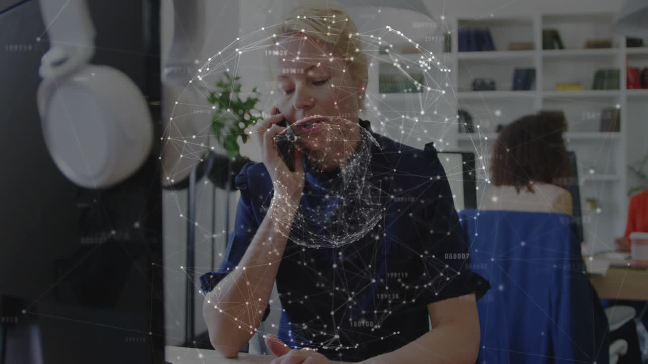 In office, businesswoman on phone with digital network animation overlay