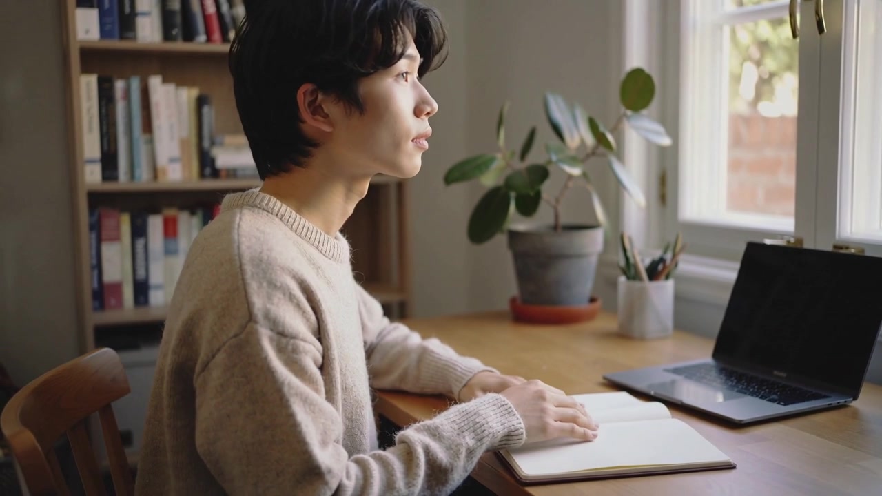 노트북이 있는 서재에서 스웨터를 입은 남학생이 공책을 펼쳐 페이지를 매만지며 창밖을 바라보고 있다.