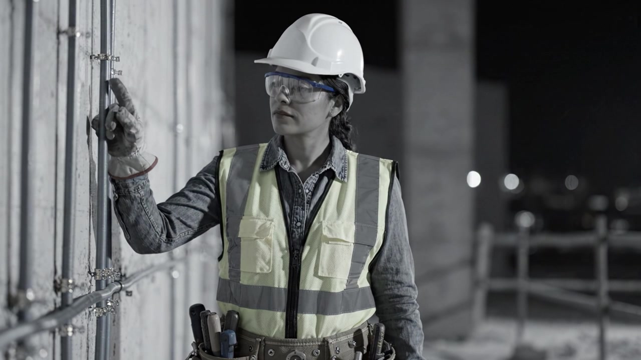 Operaio edile dedicato che ispeziona attrezzature e strumenti di notte, mostrando i dispositivi di sicurezza e l'attenzione ai dettagli in un cantiere edile incompiuto